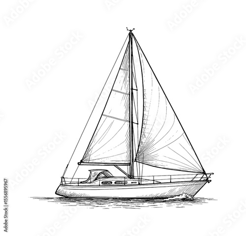Illustration of a sailboat on the water, detailed black and white line art drawing