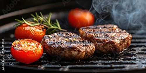 Summer vibes Grilled steaks with smoky tomatoes and rosemary on a black grill, highlighting a delicious cooking scene.