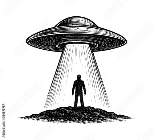 Silhouette of a Man Being Abducted by a UFO in Engraved Style Isolated on White