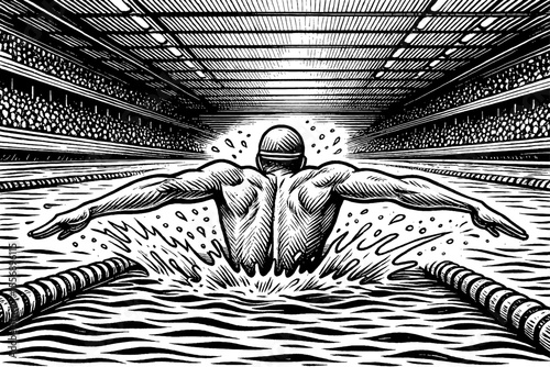 Swimmer in Competition Pool with Audience in Detailed Black and White Line Art