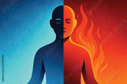 Abstract concept illustration of emotional balance and duality. A person in meditation, half engulfed in fire, half surrounded by cool blue, symbolizing anger and calm.