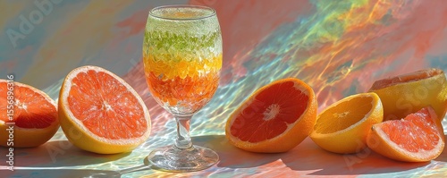 Summer A vibrant arrangement of citrus fruits with a glass, showcasing colorful textures and an artistic background.