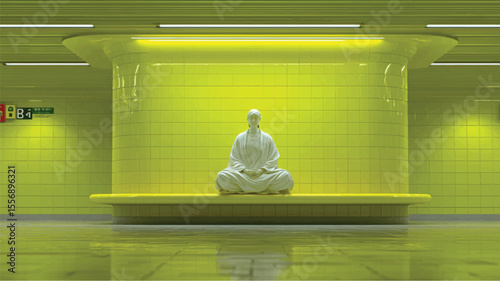 A white meditative statue sits in the middle of a yellow tiled subway station, contrasting serenity with urban intensity.