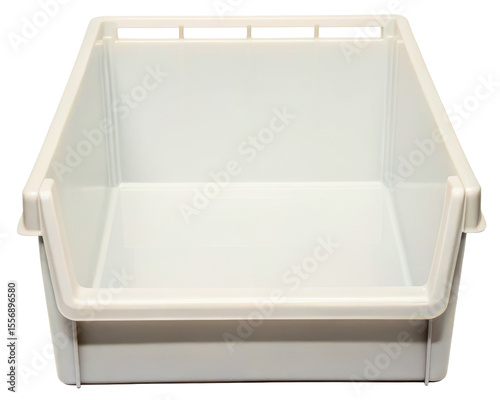 Empty white plastic open-fronted industrial storage bin on a transparent background