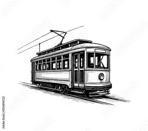 Detailed Black and White Illustration of a Vintage Streetcar or Tram