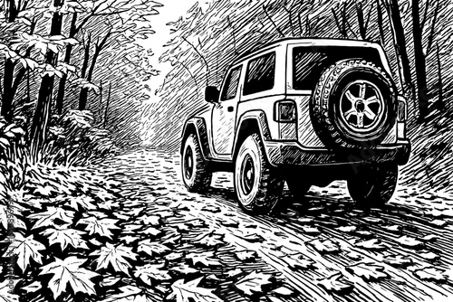 Off Road Vehicle Driving on a Leafy Forest Path in Black and White Illustration