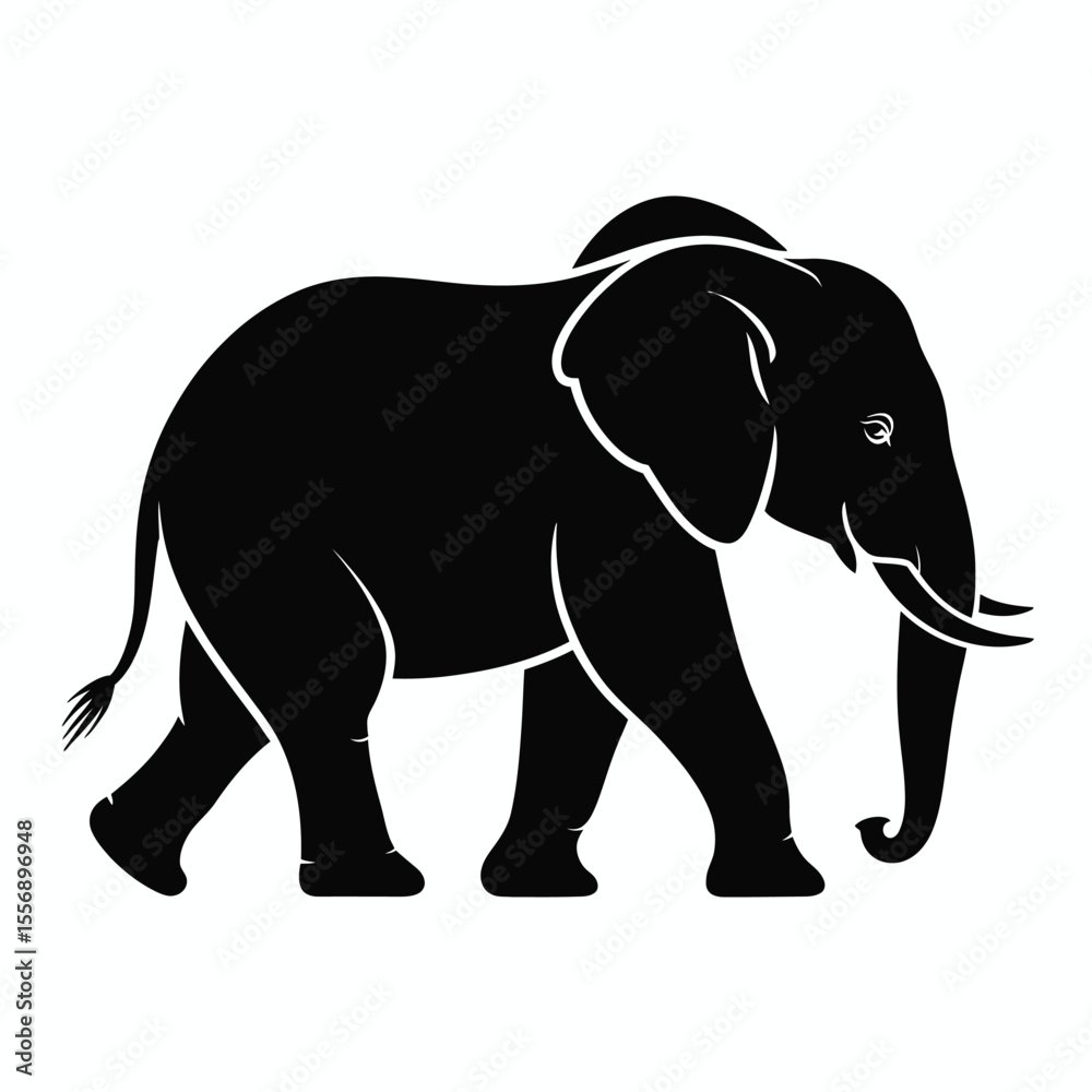 Obraz premium Black Silhouette Elephant Walking on White Background