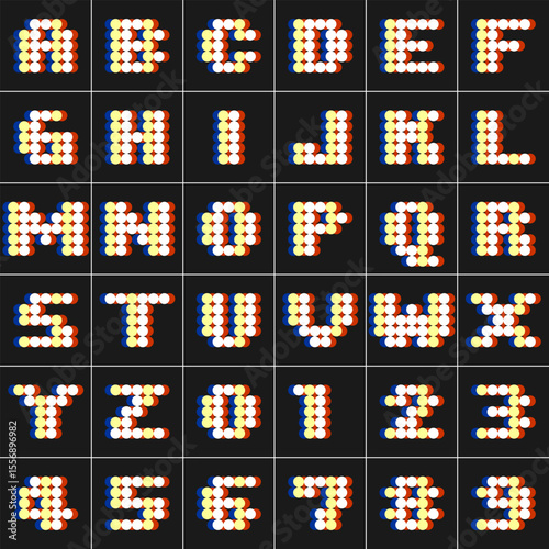 Bold dot alphabet and numbers in vibrant color scheme. Modern vector font design using colorful 3D-style circles on black background. Perfect for games, kids, posters, and digital projects.