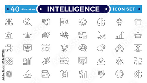 Intelligence Outline icon set. Containing Creative idea, brainstorming, solution, thinking, innovation and more. Editable stroke outline icon.
