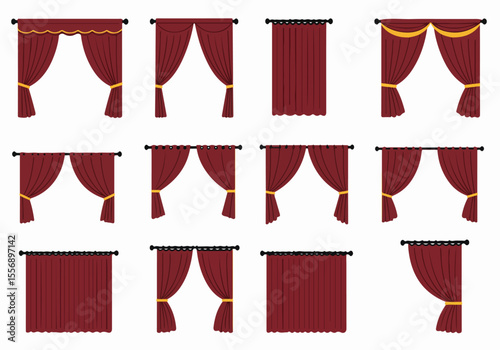 Vector illustration collection showing various styles of elegant red curtains with golden tie backs and poles on a white background.