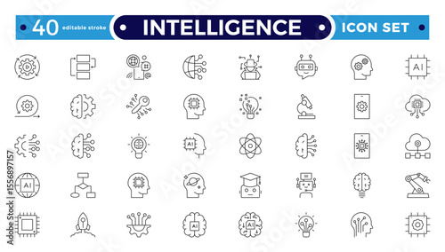 Intelligence Outline icon set. Containing Creative idea, brainstorming, solution, thinking, innovation and more. Editable stroke outline icon.
