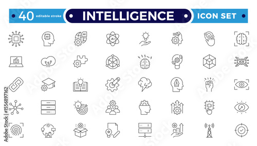 Intelligence Outline icon set. Containing Creative idea, brainstorming, solution, thinking, innovation and more. Editable stroke outline icon.
