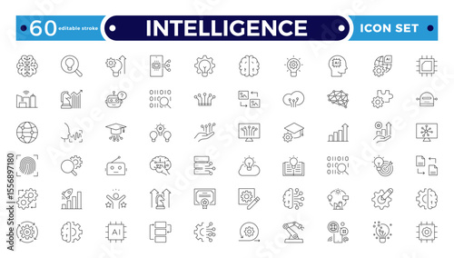 Intelligence Outline icon set. Containing Creative idea, brainstorming, solution, thinking, innovation and more. Editable stroke outline icon.
