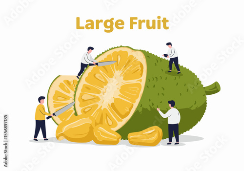 Tiny People Cutting a Large Jackfruit Illustration