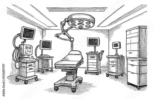 Operating Room Interior with Medical Equipment in Detailed Black and White Line Art Drawing