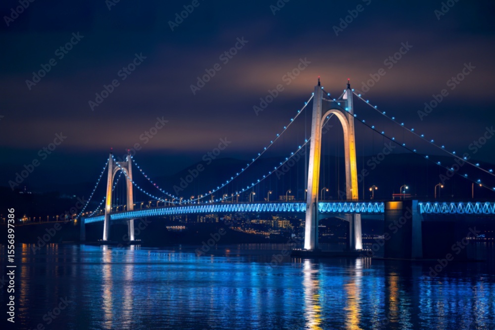 Fototapeta premium Illuminated suspension bridge at night in geoje island