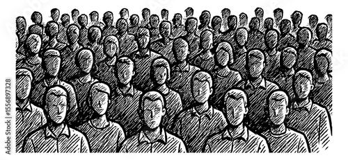 Crowd of people illustration in crosshatch style expressing various emotions