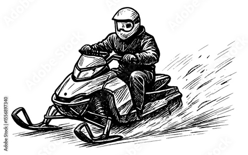 Person Riding Snowmobile with Protective Gear in Black and White Detailed Line Art