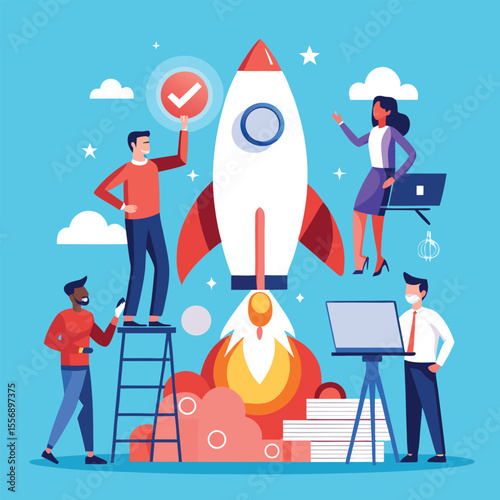 Businessman and business team working towards success with illustrations of diverse business people, including women, in an office setting