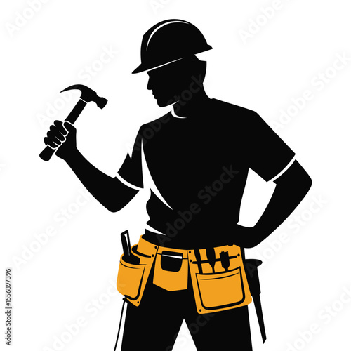 Black silhouette of construction worker holding hammer with tool belt