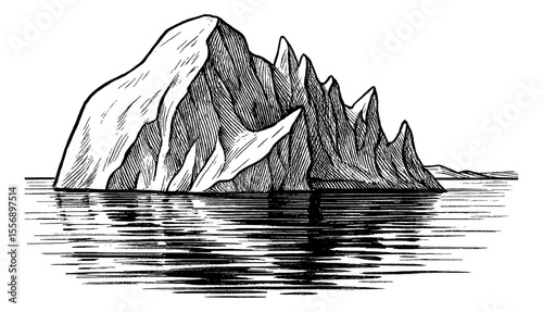 Iceberg Floating in Water Black and White Detailed Engraving Style Graphic Resource