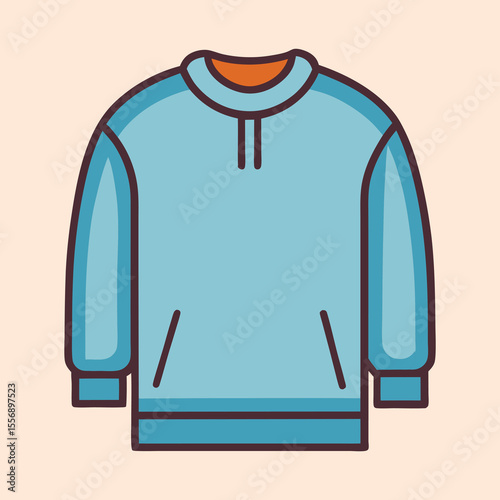 Illustration of a light blue pullover hoodie with orange neckline detail