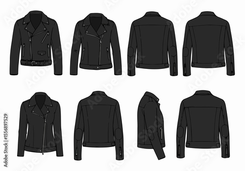 Collection of black leather biker jacket technical fashion drawings showcasing front, back, and side views for apparel design templates and flat sketches.