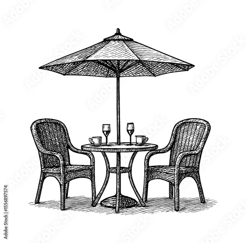 Outdoor dining table and chair set with drinks under an umbrella, black and white ink drawing.