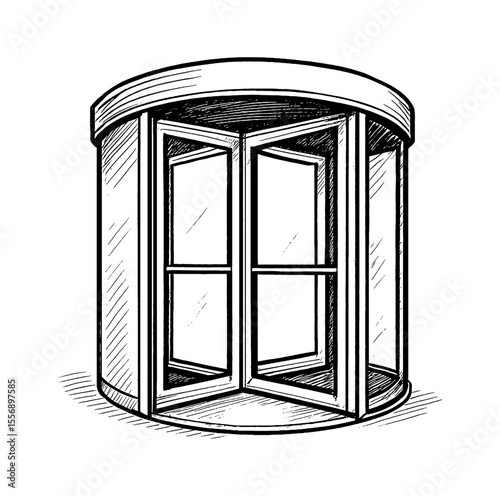 Black and White Engraving Style Illustration of Revolving Door in Front View