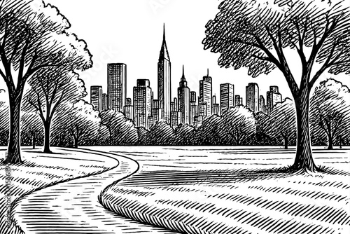 City skyline with trees and a winding path in black and white engraving style