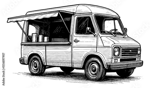 Detailed Black and White Line Art of a Food Truck with Awnings and a Driver Inside