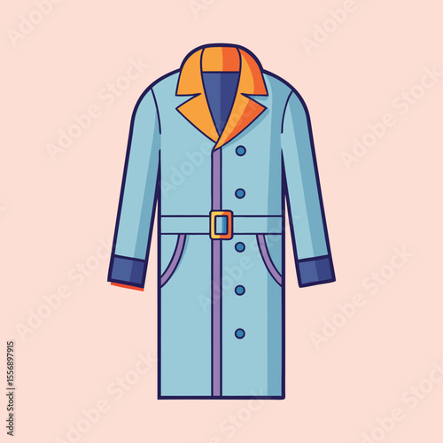 Stylized illustration of a blue trench coat with a belt and buttons