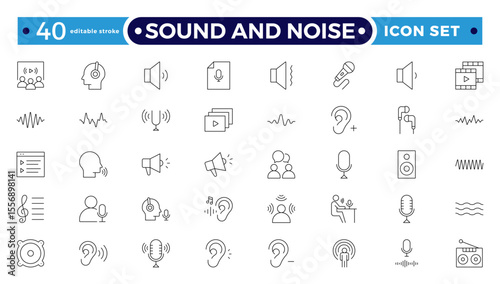 Sound and Noise Outline icon set. Sound waves, Equalizer, Audio waves, Radio signal, Music. Recording. Editable stroke outline icon.
