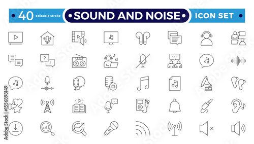 Sound and Noise Outline icon set. Sound waves, Equalizer, Audio waves, Radio signal, Music. Recording. Editable stroke outline icon.
