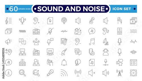 Sound and Noise Outline icon set. Sound waves, Equalizer, Audio waves, Radio signal, Music. Recording. Editable stroke outline icon.
