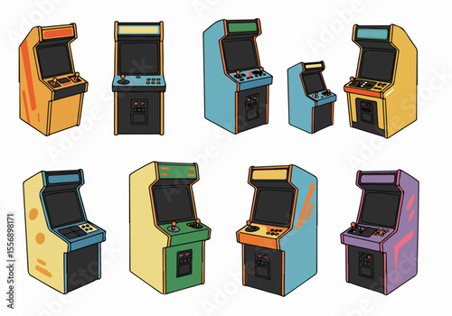 Collection of retro arcade game machines illustration set, featuring colorful classic video game cabinets with joysticks and buttons.