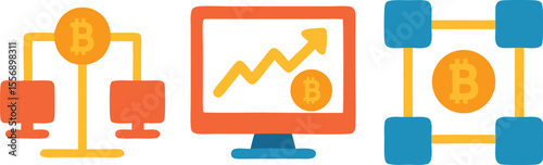 Bitcoin mining icon set. Includes icons for blockchain technology, computer networks, and cryptocurrency market analysis. Flat vector symbols for fintech and crypto tech.