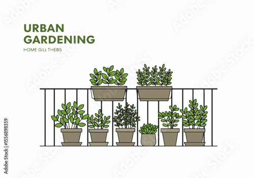Urban gardening illustration showing various potted plants on a balcony railing, perfect for city dwellers creating green spaces.