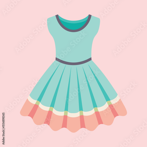 Cute aqua dress illustration with scalloped pink hem and belt detail