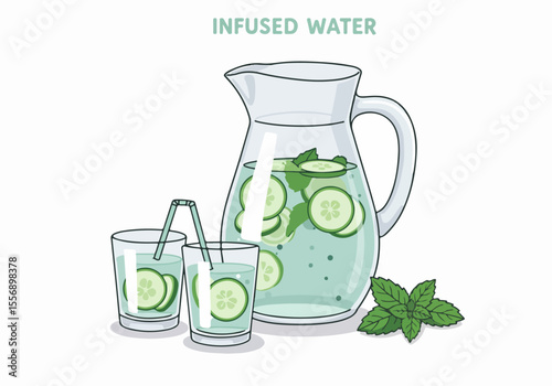 Illustration of a pitcher of cucumber and mint infused water with two glasses and straws.