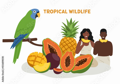 Colorful tropical illustration featuring a parrot, abundant exotic fruits like papaya, pineapple, mango, and happy people enjoying healthy fruit consumption.