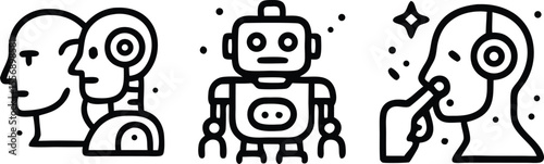 Cyborg and robot icon set. Features icons representing human-AI evolution, classic robots, and cyborg interaction. Outline doodle vector for AI character concepts.