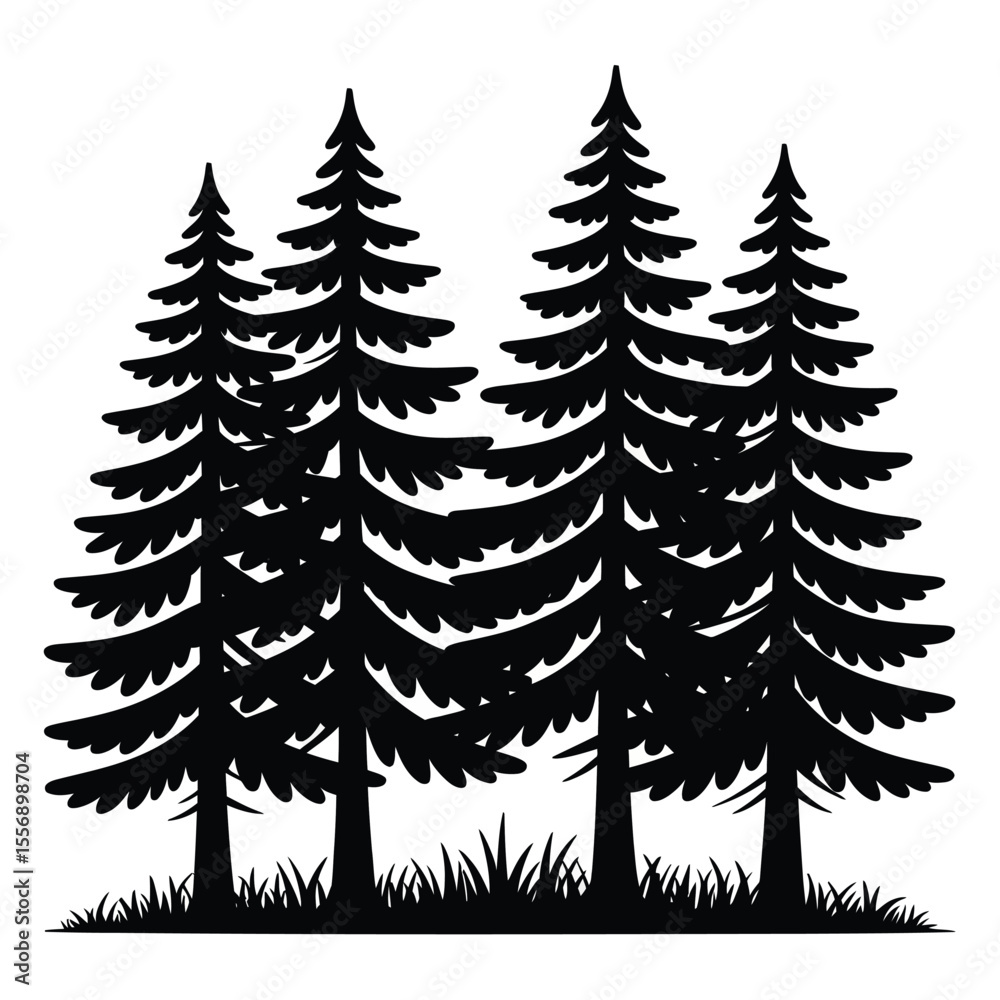 Obraz premium Silhouette of Four Pine Trees and Grass on White Background