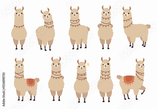 Set of cute cartoon llamas in various poses and expressions illustration