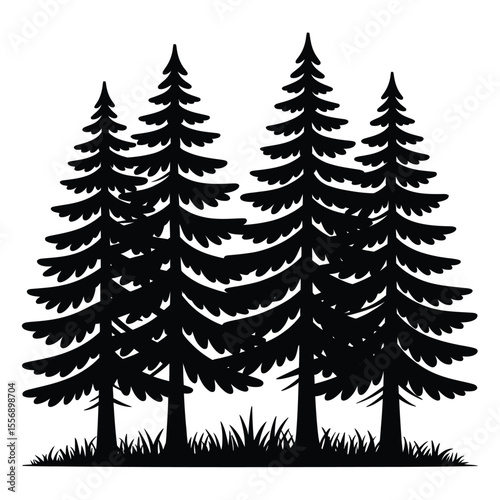 Silhouette of Four Pine Trees and Grass on White Background