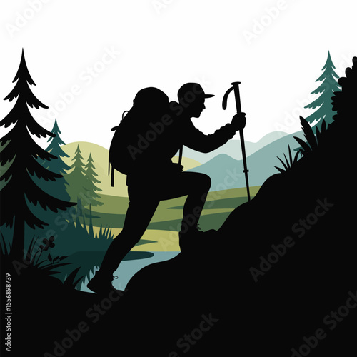 Silhouette of Hiker Climbing Hill in Forest Landscape