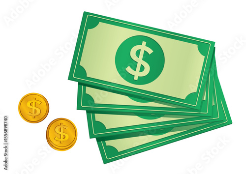 Depiction of a stack of dollar bills alongside shiny gold coins symbolizing finance and prosperity in a vibrant design. Money concept