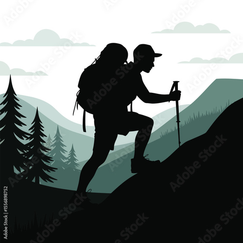 Silhouette of Hiker Climbing Mountain with Backpack and Trekking Poles