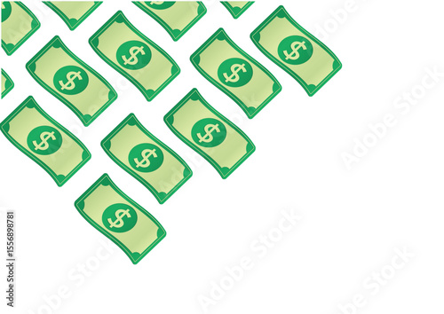 Illustration of several scattered dollar bills creating an effect of abundance and wealth on a clean white background. Finance concept