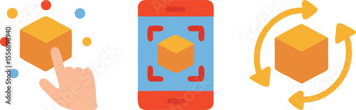 Augmented reality interaction icon set. Includes icons for touching, scanning, and rotating a 3D object. Flat vector symbols for interactive AR applications.